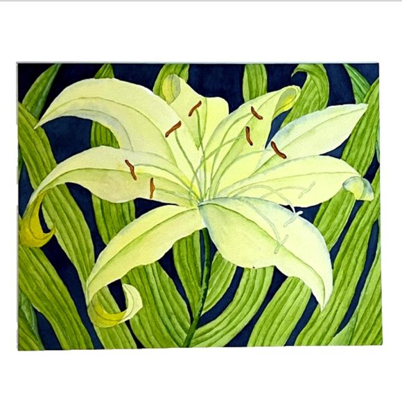 PAINTING WATERCOLOR ORIGINAL ART LILY FLOWER YELLOW GREEN BLUE 11 X14 MAT 16X20 - Picture 1 of 3